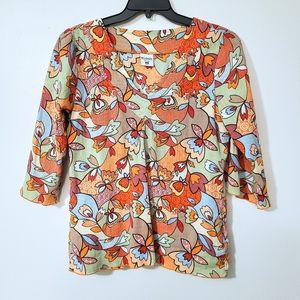 Columbia Orange & Red Floral Mandala V-Neck Summer 100% Cotton 3/4 Sleeve Blouse